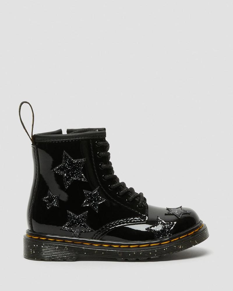 Black Kids' Dr Martens Toddler 1460 Glitter Star Patent Lace Up Boots | CA 694XYU